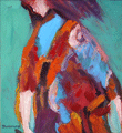 Linie 6.5, Frau wartend auf die Straßenbahn, gemalt mit Ölfarben